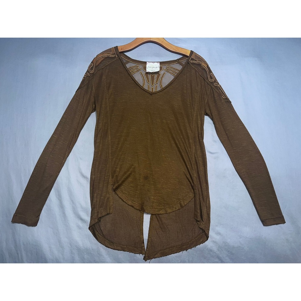 Free People Brown Mesh Embroidered High Low Long Sleeve Top XS V-Neck Split Hem